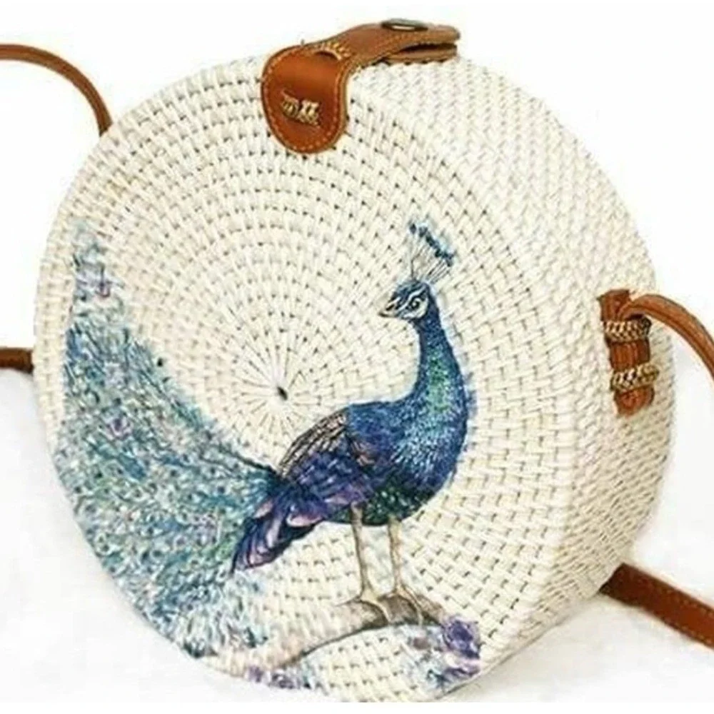 Balachica White Rattan Round Peacock Crossbody Bag Hand Painted Woven 15cm Purse